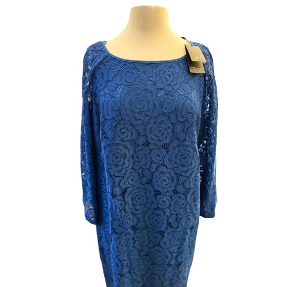 Adrianna Papell Cobalt Blue Lace Overlay Knee Length 18w Exposed Shoulder Dress - Picture 4 of 15